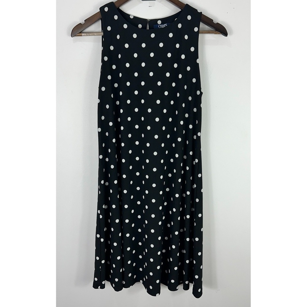 Chaps Sleeveless Shift Dress Womens Medium Black‎ Polka Dot Preppy Euro Summer